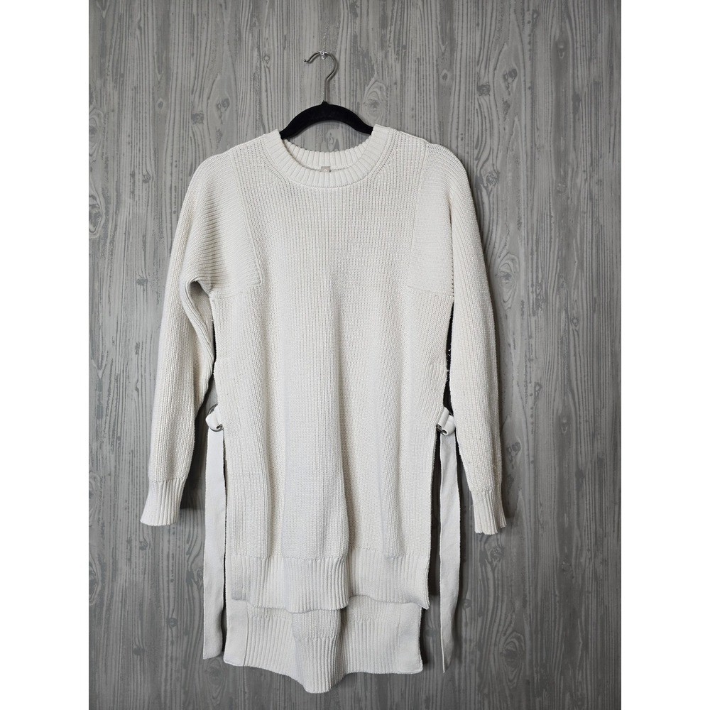 Athleta West End Knit Tunic Sweater Womens XS Side Tie Ribbed Crewneck Cream